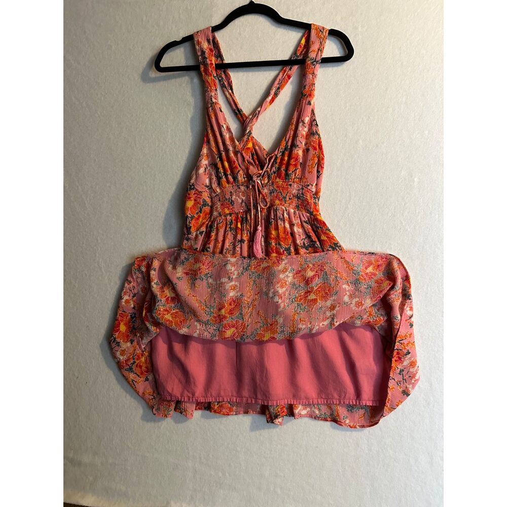 🌷 Free People Pink Floral Smocked Boho Mini Dress w/ Tassel Tie - Sz M
